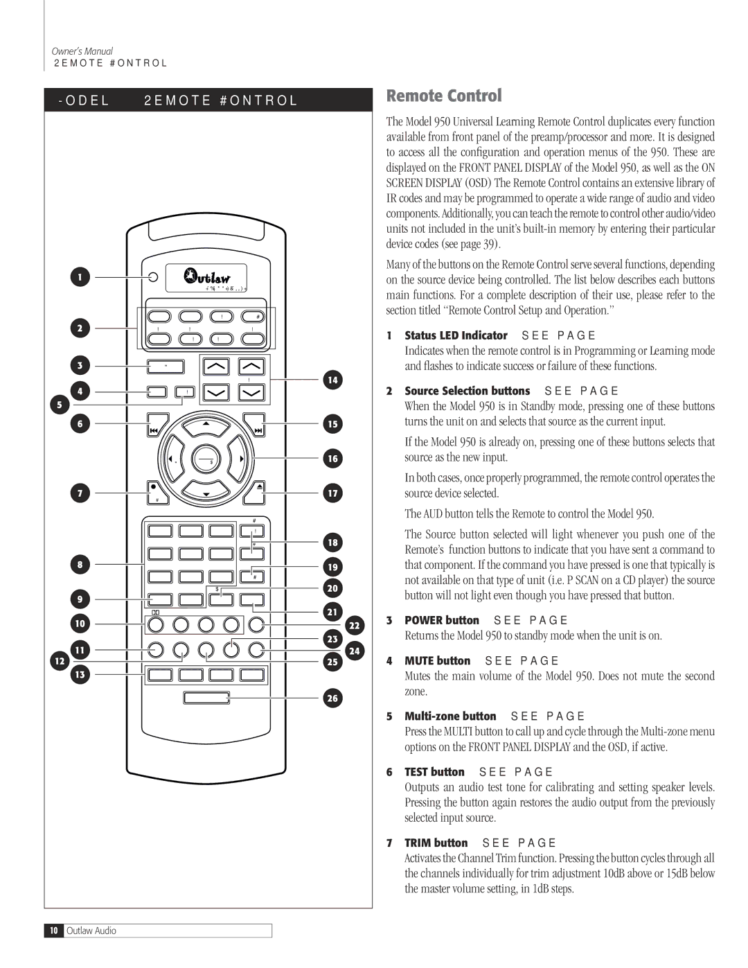 Dolby Laboratories 950 7.1 owner manual Remote Control, Returns the Model 950 to standby mode when the unit is on 