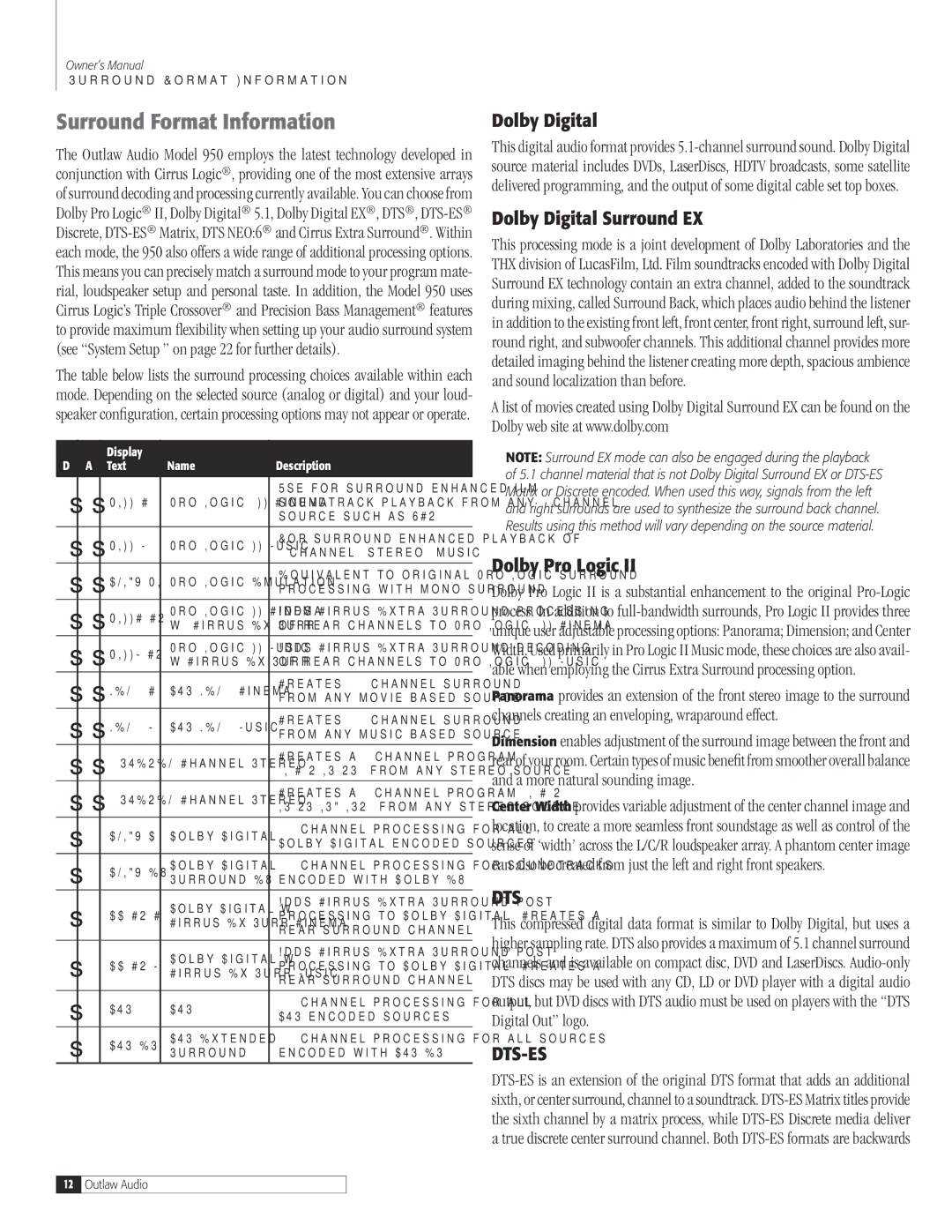 Dolby Laboratories 950 7.1 owner manual Surround Format Information, Dolby Digital Surround EX Dolby Pro Logic 