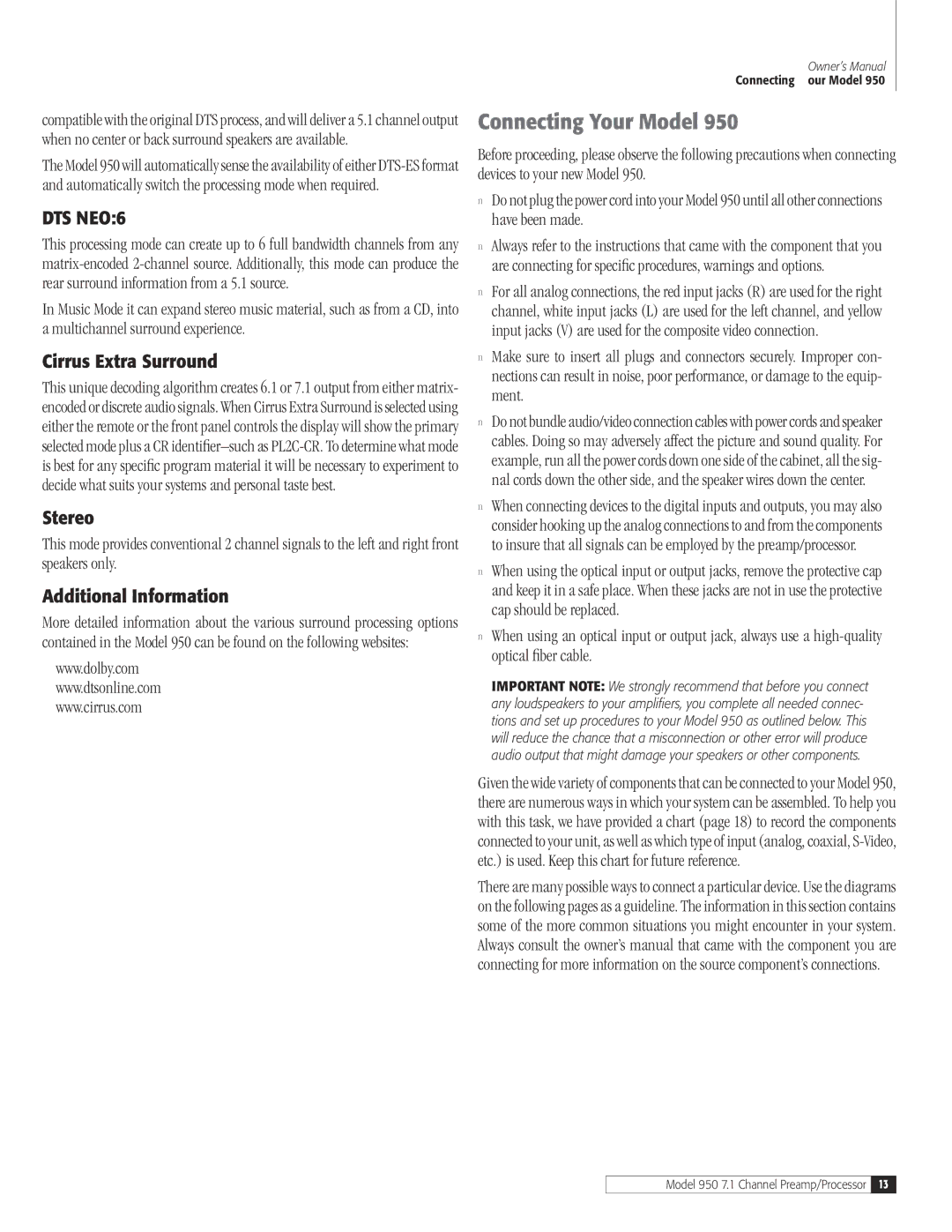 Dolby Laboratories 950 7.1 owner manual Connecting Your Model, Cirrus Extra Surround, Stereo, Additional Information 