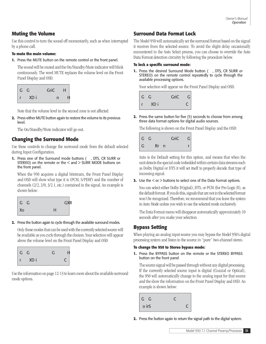 Dolby Laboratories 950 7.1 Muting the Volume, Changing the Surround Mode, Surround Data Format Lock, Bypass Setting 