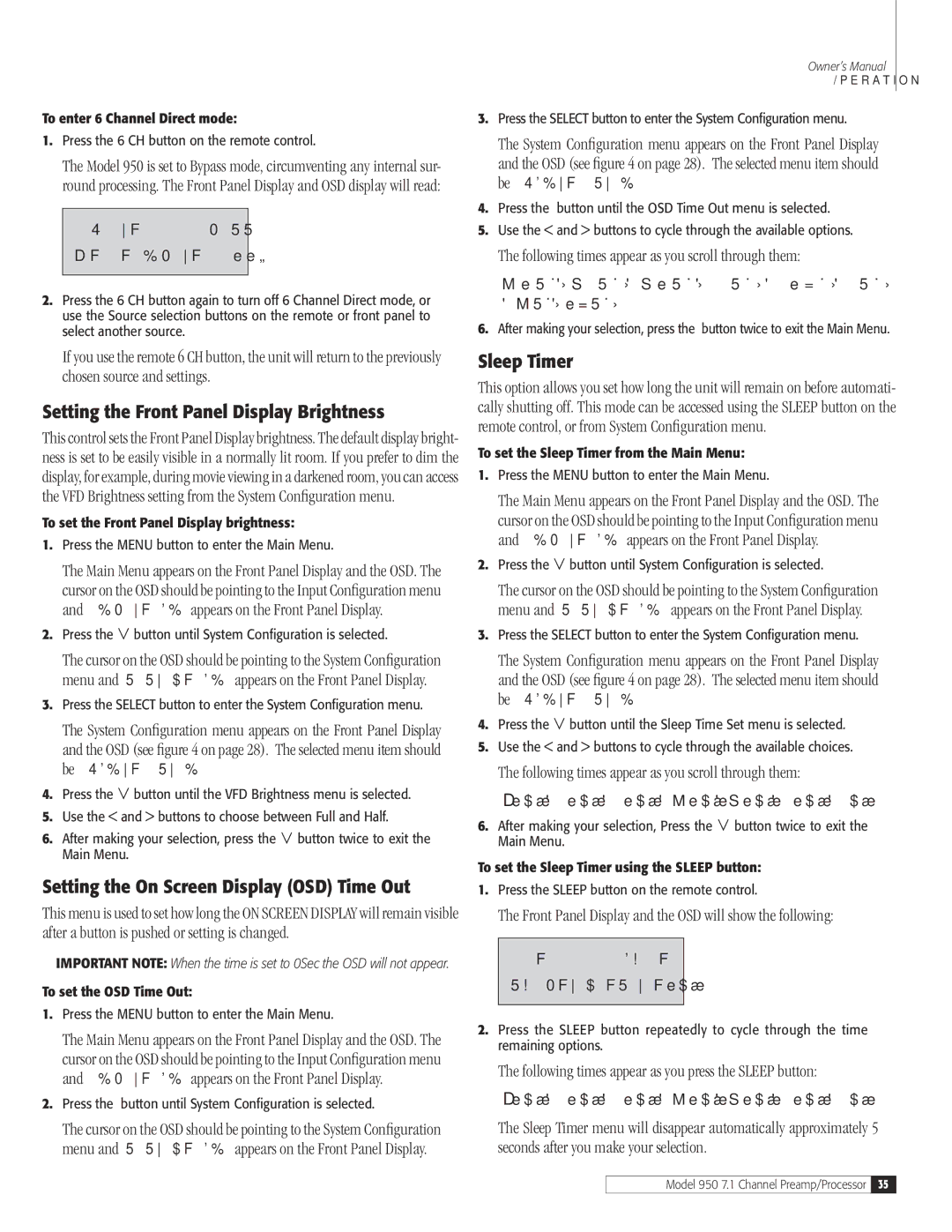 Dolby Laboratories 950 7.1 Setting the Front Panel Display Brightness, Setting the On Screen Display OSD Time Out 