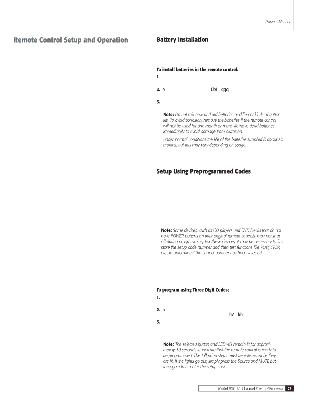 Dolby Laboratories 950 7.1 Remote Control Setup and Operation, Battery Installation, Setup Using Preprogrammed Codes 