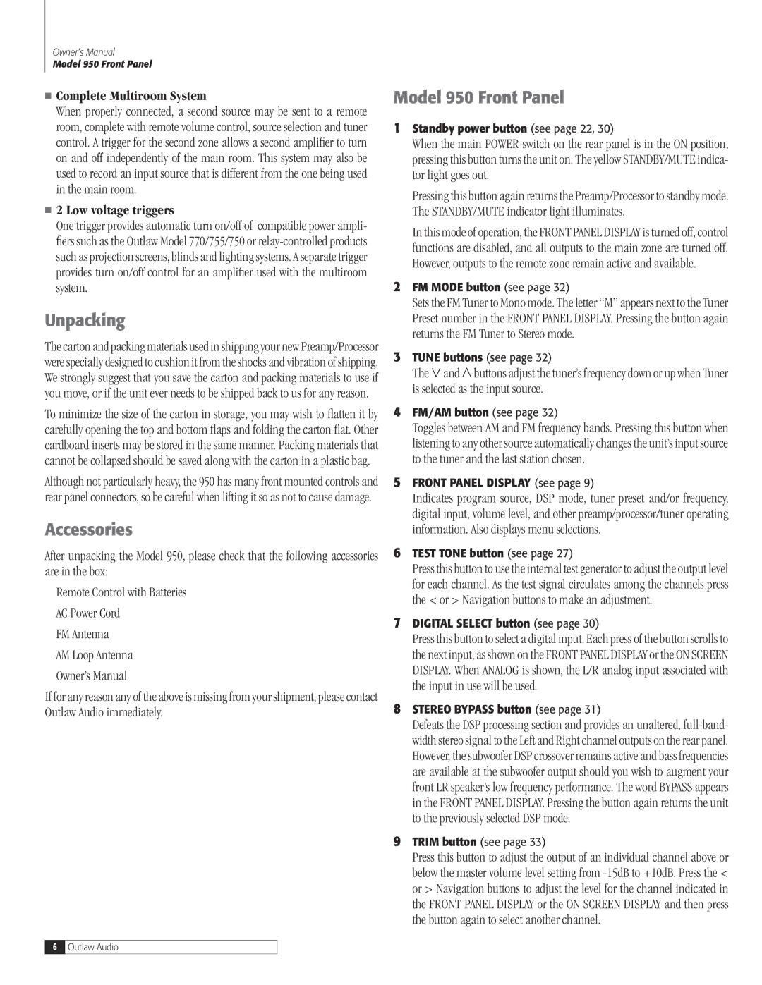 Dolby Laboratories 950 7.1 owner manual Unpacking, Accessories, Model 950 Front Panel 