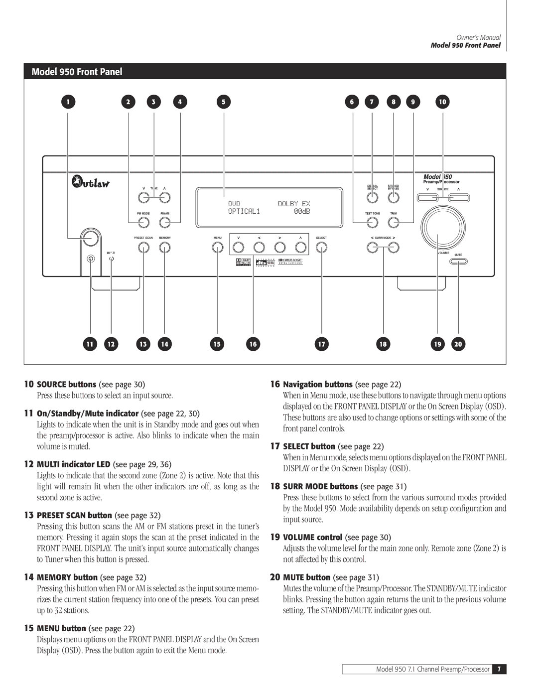 Dolby Laboratories 950 7.1 owner manual Press these buttons to select an input source 