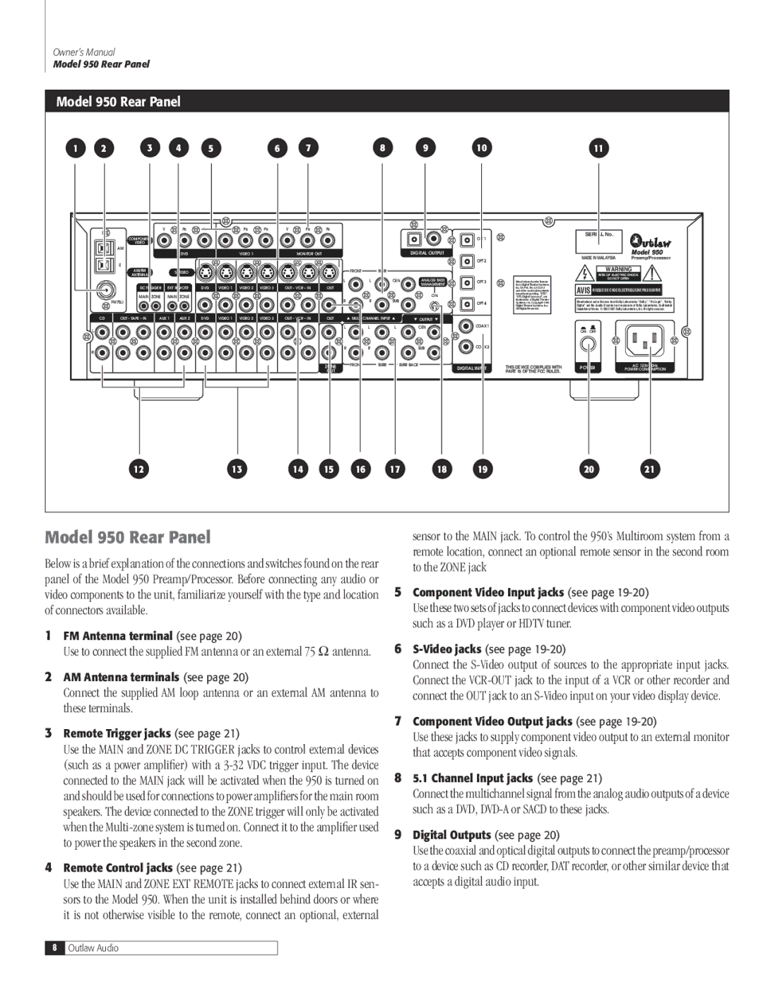 Dolby Laboratories 950 7.1 owner manual Model 950 Rear Panel 