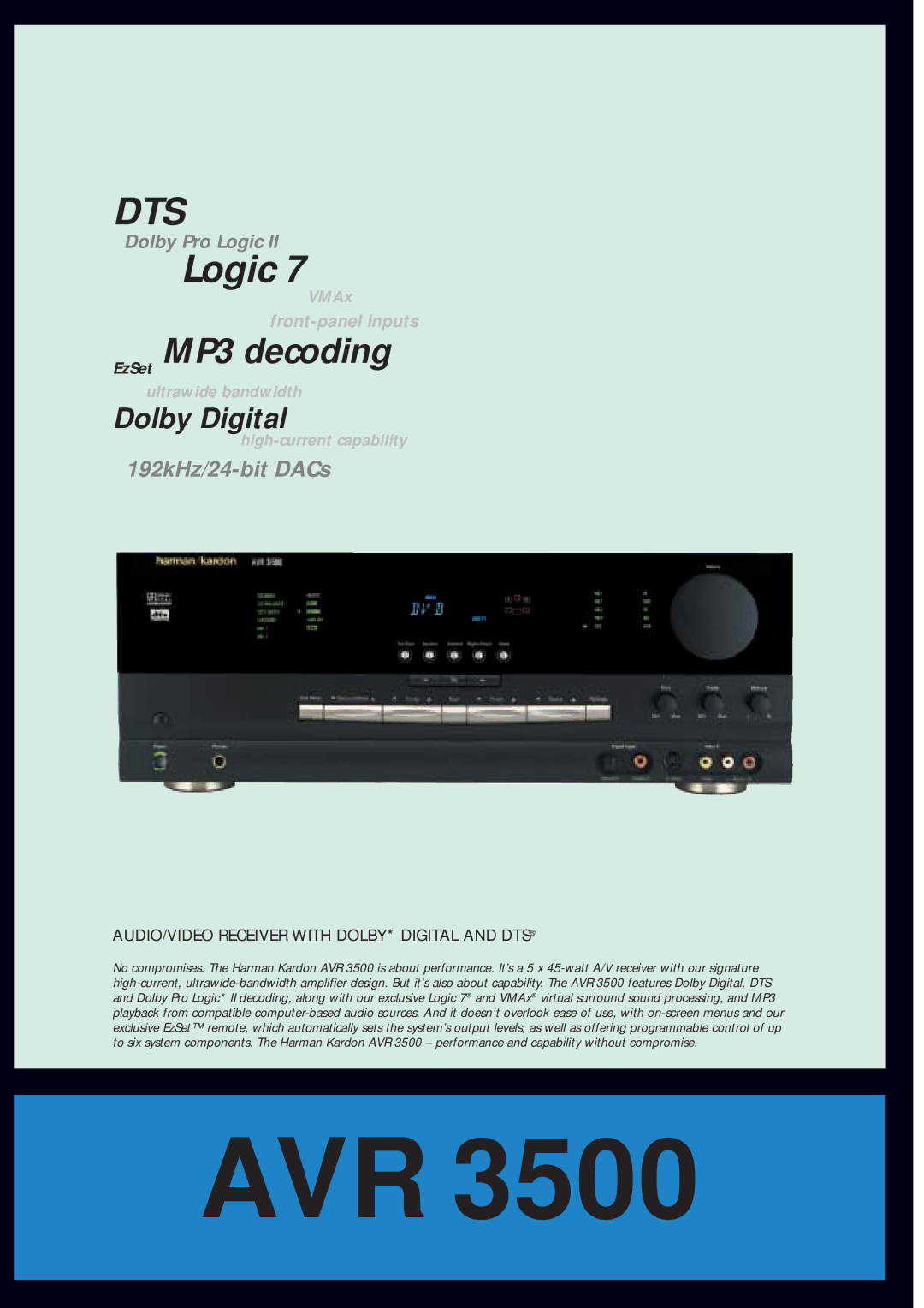 Dolby Laboratories AVR 3500 manual Dts, AUDIO/VIDEO Receiver with DOLBY* Digital and DTS 