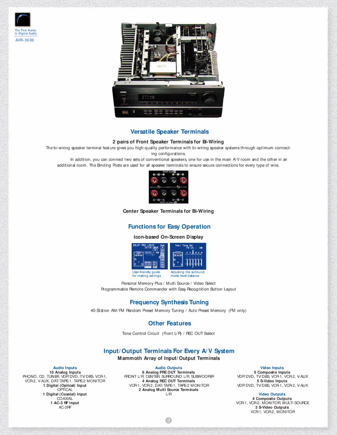 Dolby Laboratories AVR-3600DTS manual Versatile Speaker Terminals, Functions for Easy Operation, Frequency Synthesis Tuning 