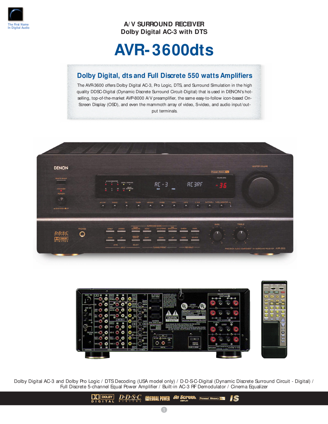 Dolby Laboratories AVR-3600DTS manual AVR-3600dts, A/V SURROUND RECEIVER Dolby Digital AC-3with DTS 
