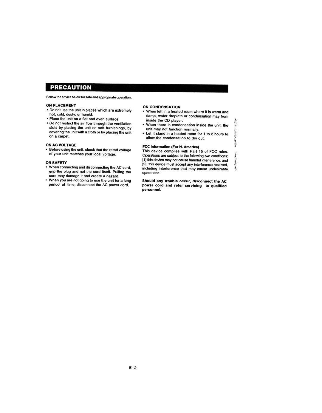 Dolby Laboratories CD Player manual On Condensation, On Placement, On AC VOL T AGE, On Safety 