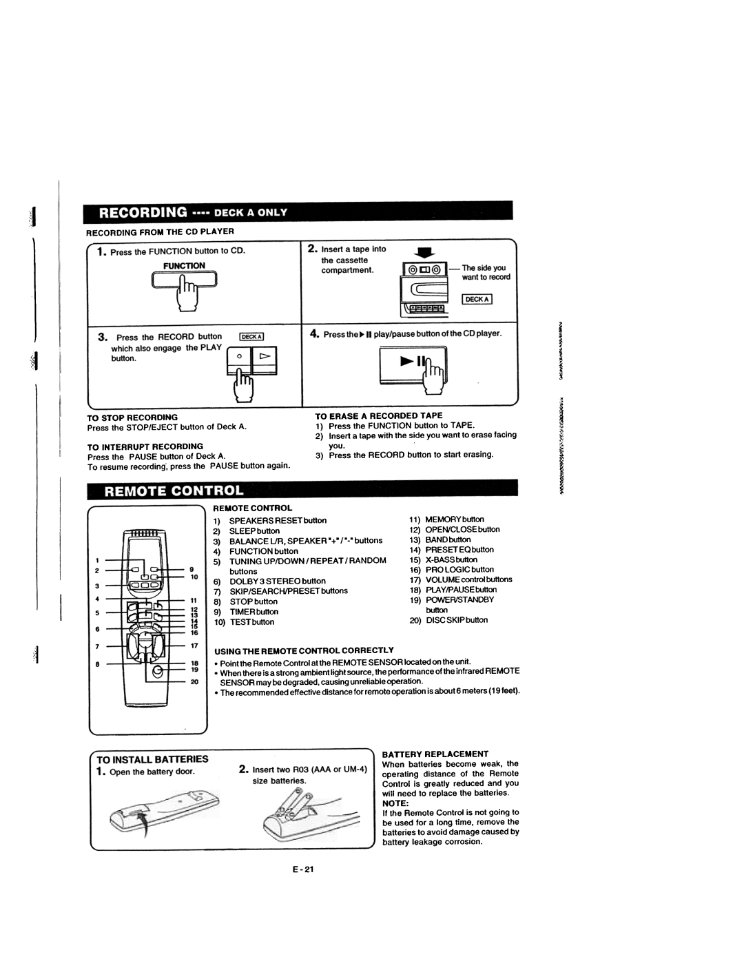 Dolby Laboratories CD Player manual TO INSTALL BATTERIES 1. Openthe batterydoor 