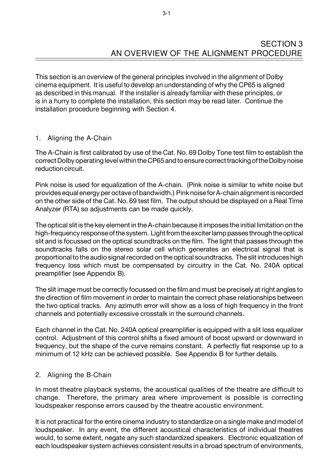 Dolby Laboratories CP65 manual Section AN Overview of the Alignment Procedure, Aligning the B-Chain 