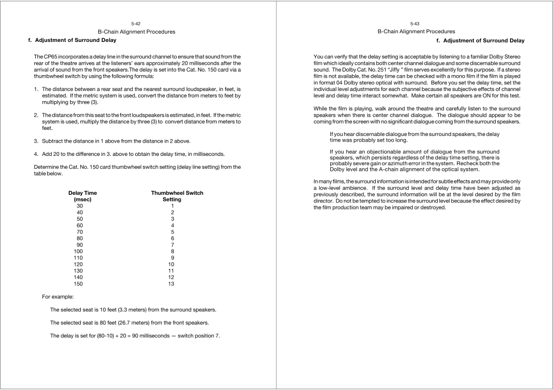 Dolby Laboratories CP65 manual Adjustment of Surround Delay, Thumbwheel Switch, Msec Setting 