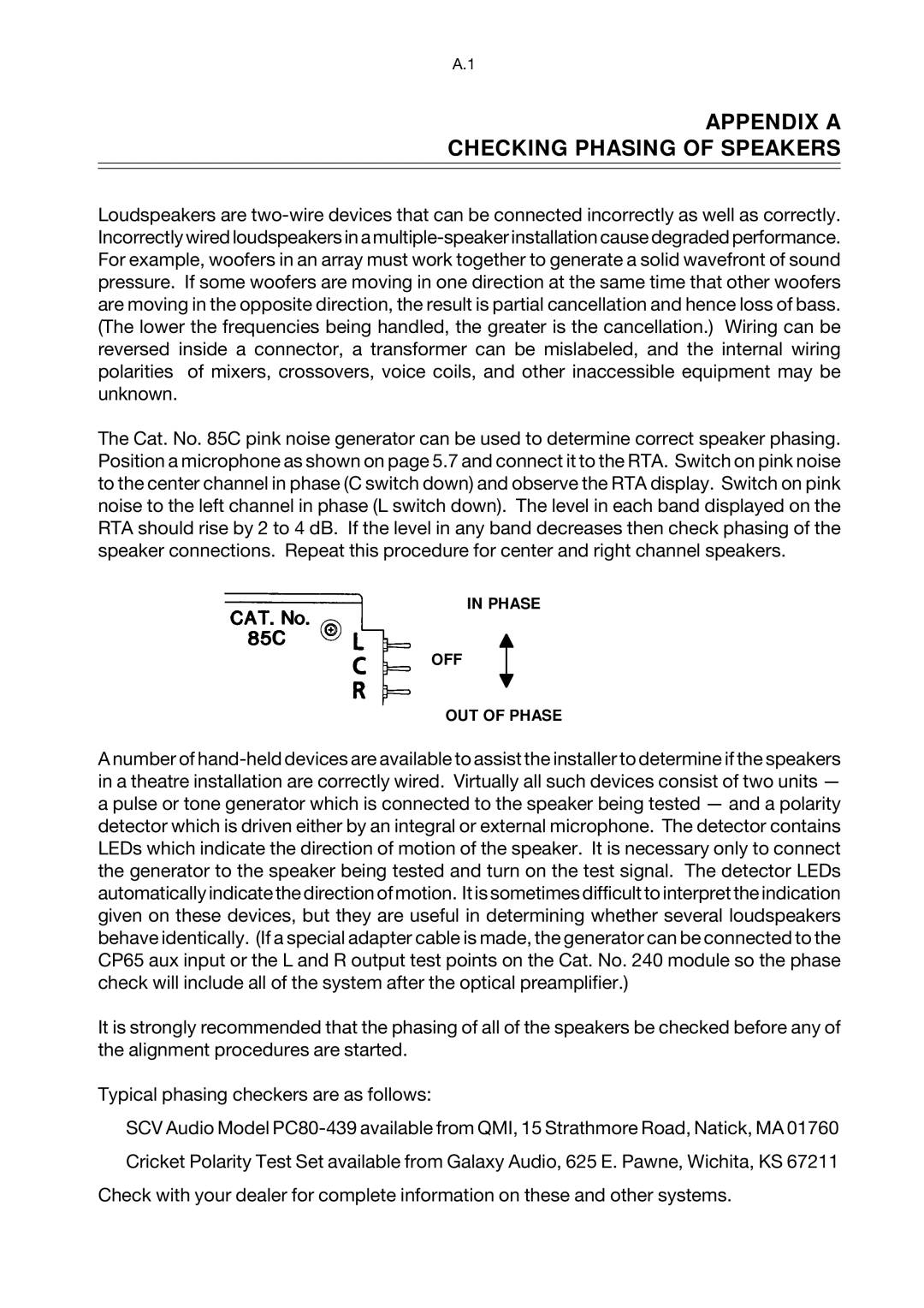 Dolby Laboratories CP65 manual Appendix a Checking Phasing of Speakers 