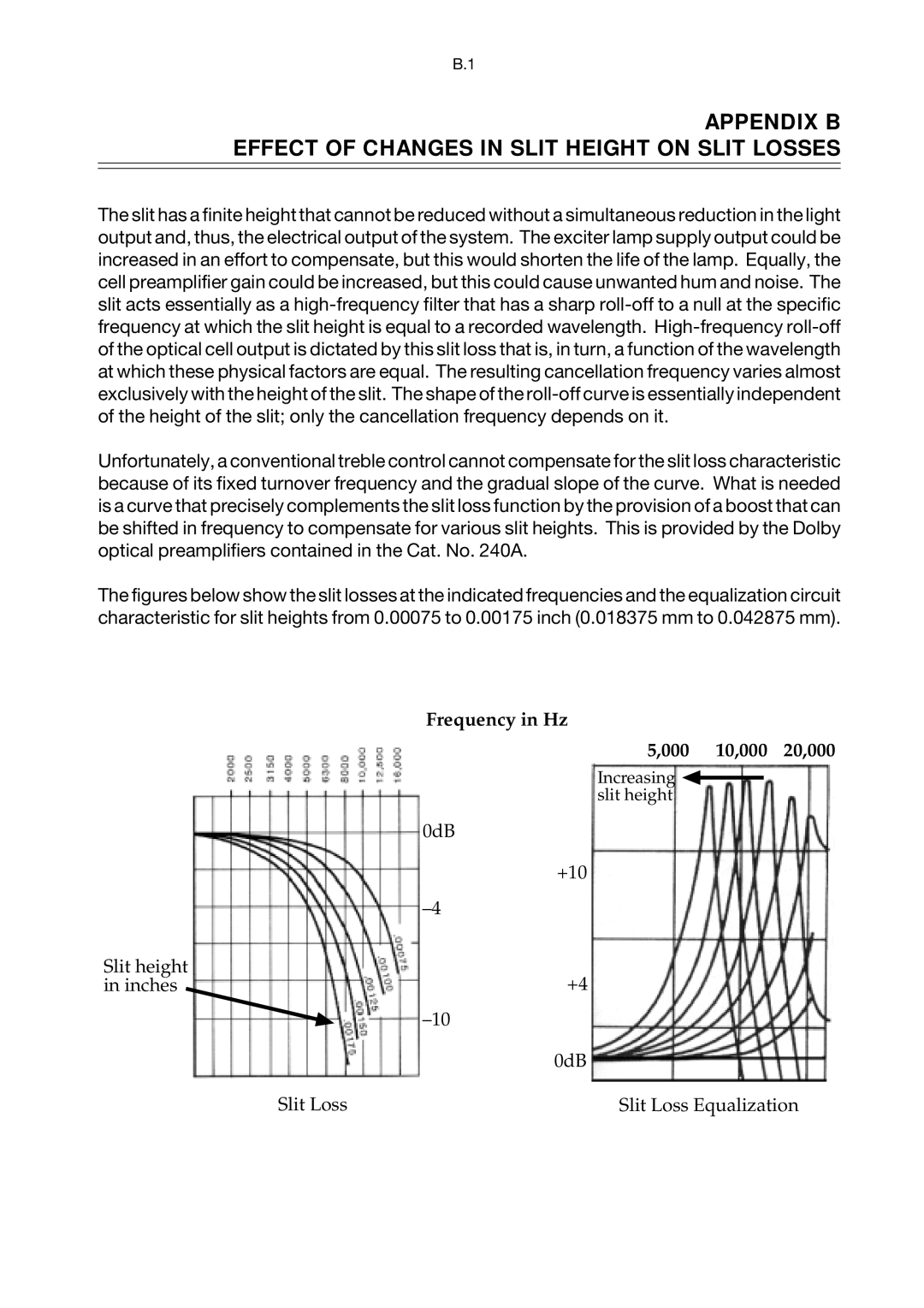 Dolby Laboratories CP65 manual Appendix B Effect of Changes in Slit Height on Slit Losses 