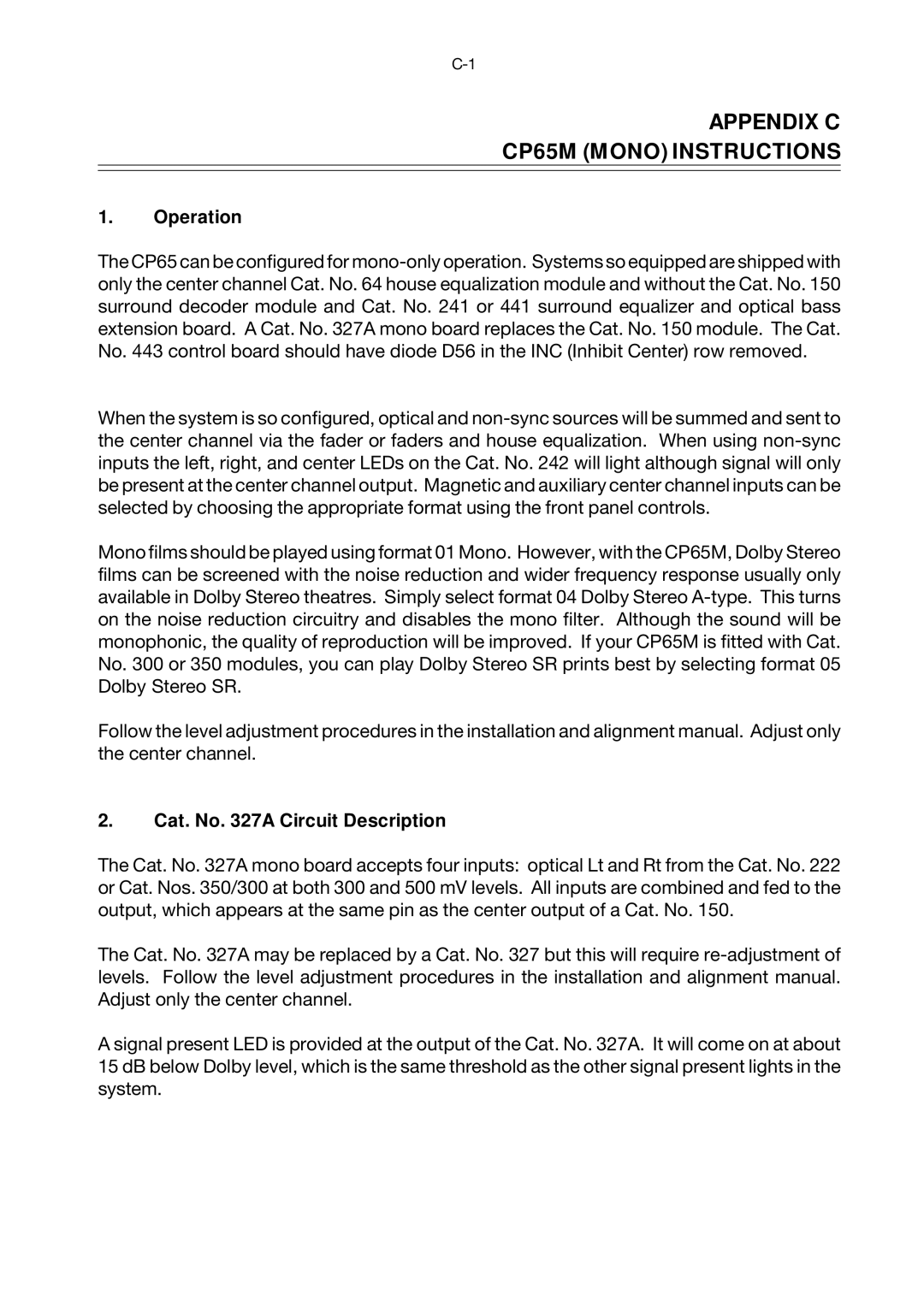 Dolby Laboratories manual Appendix C CP65M Mono Instructions, Operation, Cat. No a Circuit Description 