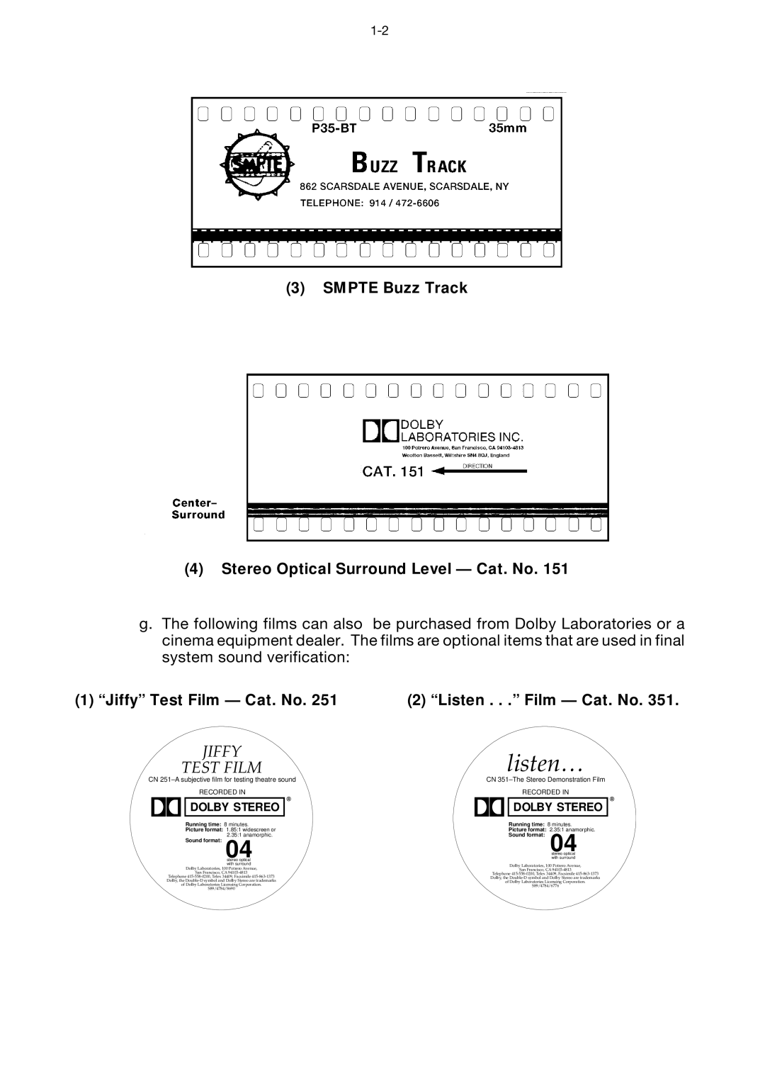 Dolby Laboratories CP65 manual Smpte Buzz Track Stereo Optical Surround Level Cat. No 