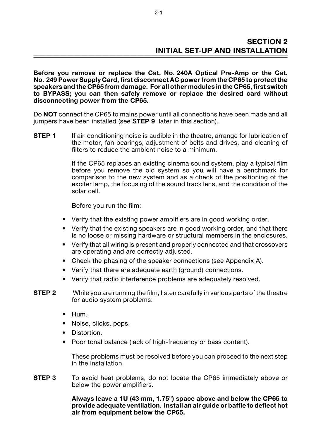 Dolby Laboratories CP65 manual Section Initial SET-UP and Installation 