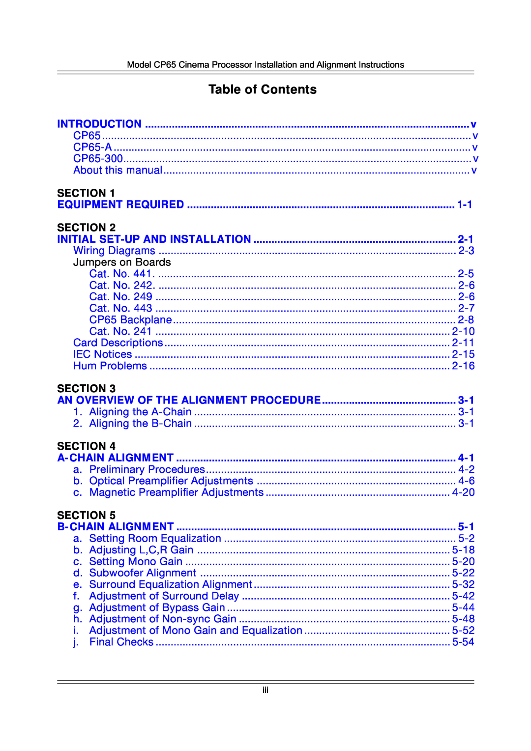 Dolby Laboratories CP65 manual Table of Contents, Introduction, Equipment Required, Initial Set-Upand Installation 