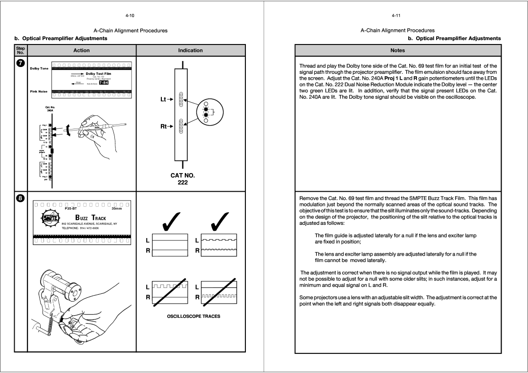 Dolby Laboratories CP65 manual L L R R L L R R, Cat No, b. Optical Preamplifier Adjustments, Action, Indication 