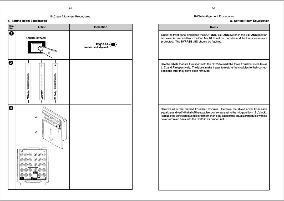 Dolby Laboratories CP65 manual a. Setting Room Equalization Notes, bypass, Action, Indication 