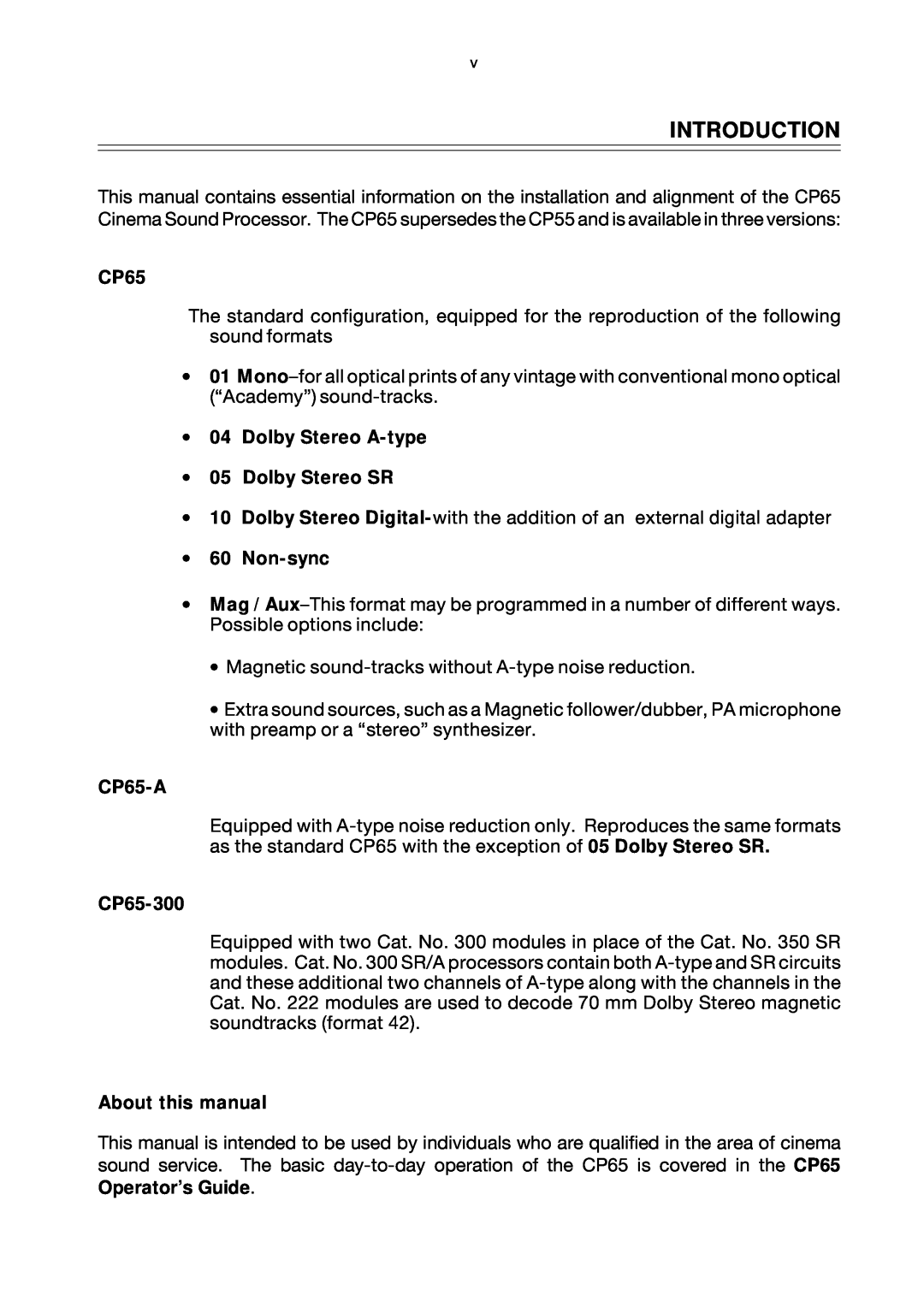 Dolby Laboratories Introduction, Dolby Stereo A-type 05 Dolby Stereo SR, Non-sync, CP65-A, CP65-300, About this manual 
