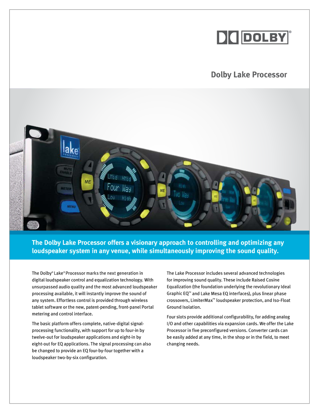 Dolby Laboratories Digital Loudspeaker manual Dolby Lake Processor 