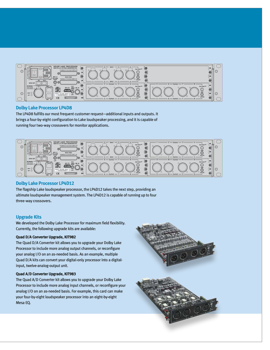 Dolby Laboratories Digital Loudspeaker manual Dolby Lake Processor LP4D8, Dolby Lake Processor LP4D12, Upgrade Kits 