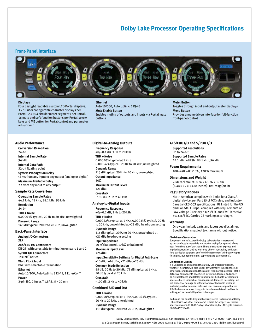 Dolby Laboratories Digital Loudspeaker manual Dolby Lake Processor Operating Specifications, Front-Panel Interface 