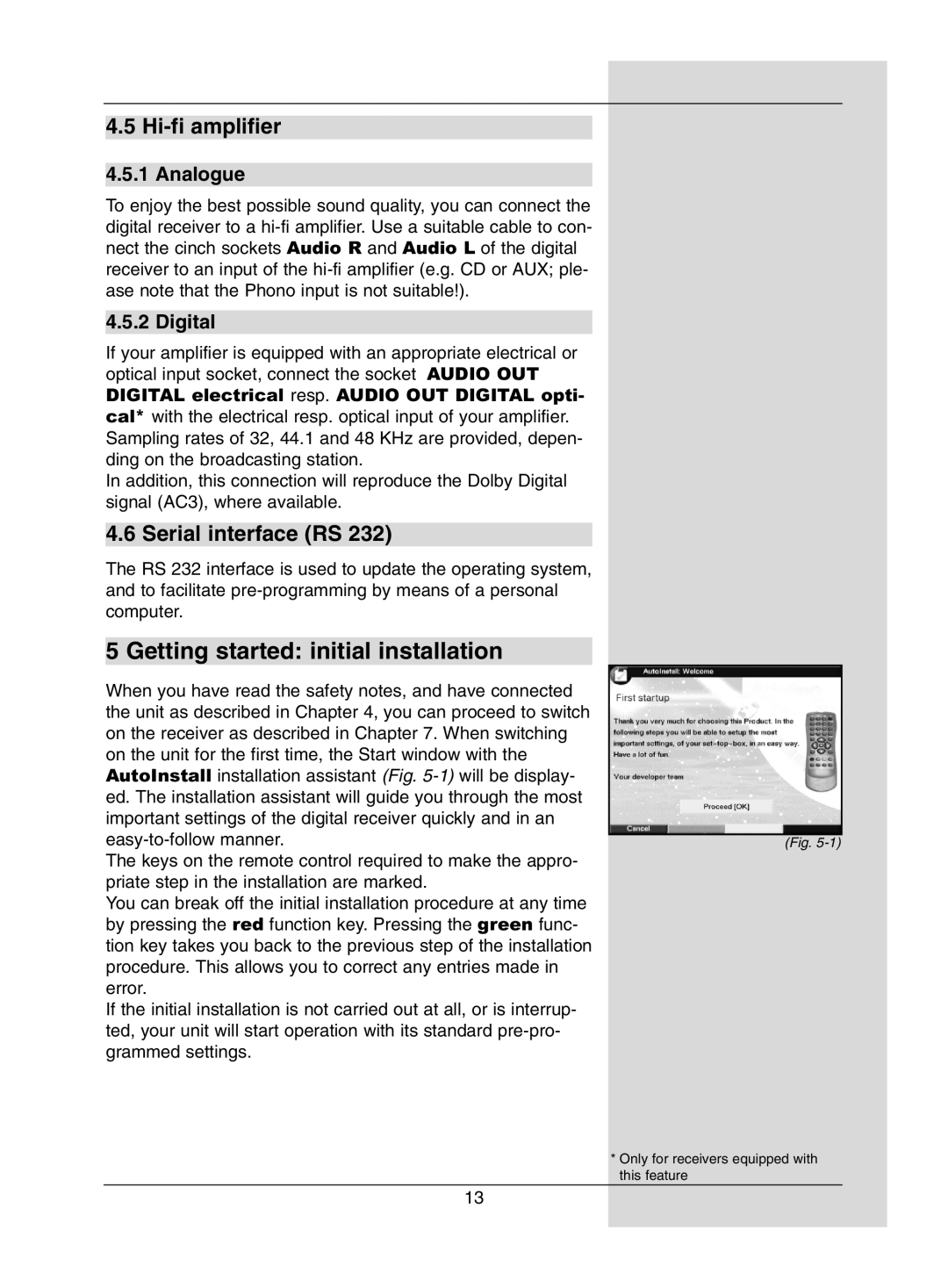 Dolby Laboratories Digital-Satellite-Receiver Getting started initial installation, Hi-fi amplifier, Serial interface RS 