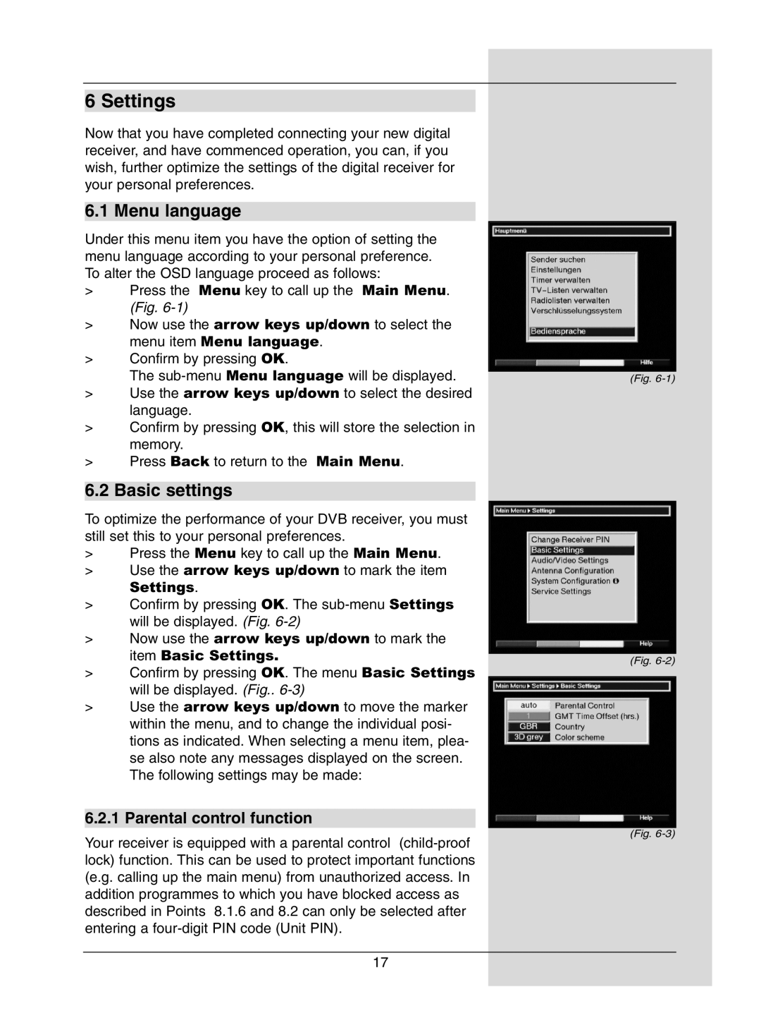 Dolby Laboratories Digital-Satellite-Receiver manual Settings, Menu language, Basic settings, Parental control function 