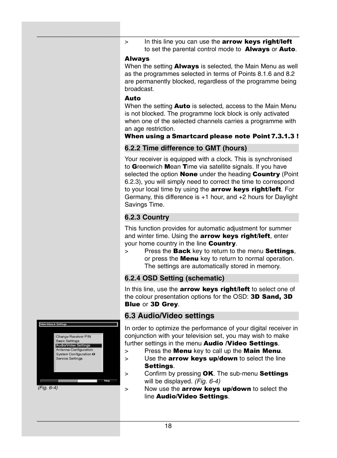 Dolby Laboratories Digital-Satellite-Receiver manual Audio/Video settings, Time difference to GMT hours, Country 