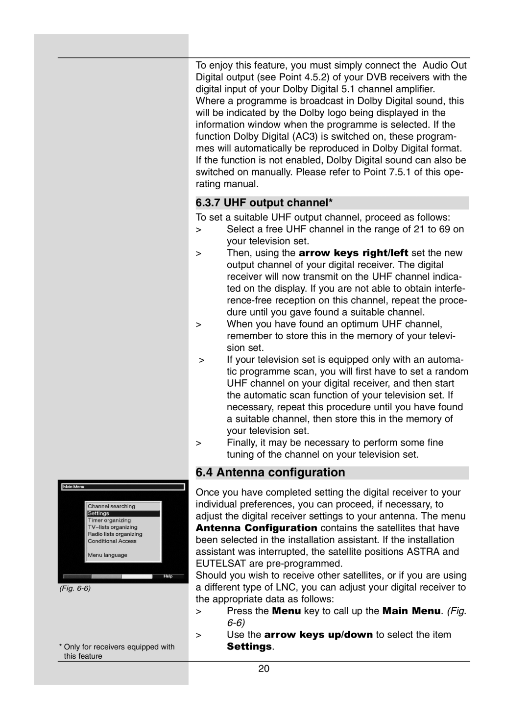 Dolby Laboratories Digital-Satellite-Receiver manual Antenna configuration, UHF output channel 