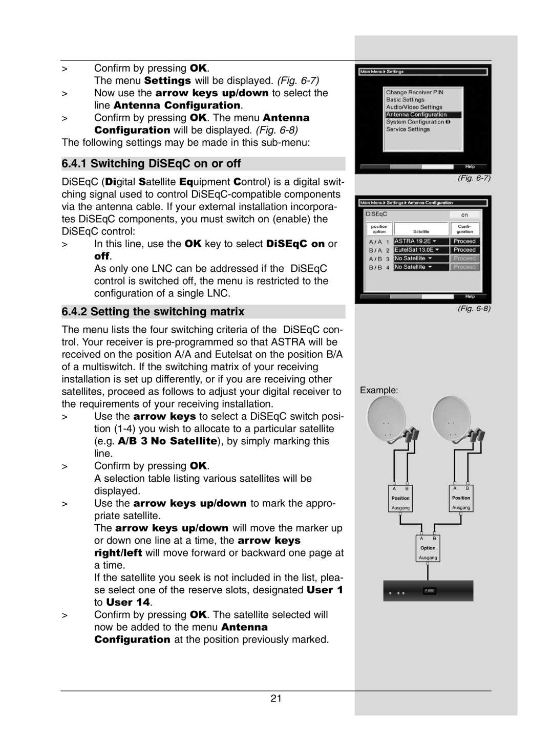 Dolby Laboratories Digital-Satellite-Receiver manual Switching DiSEqC on or off, Setting the switching matrix 