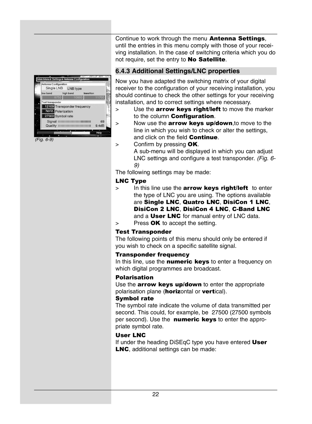 Dolby Laboratories Digital-Satellite-Receiver manual Additional Settings/LNC properties 