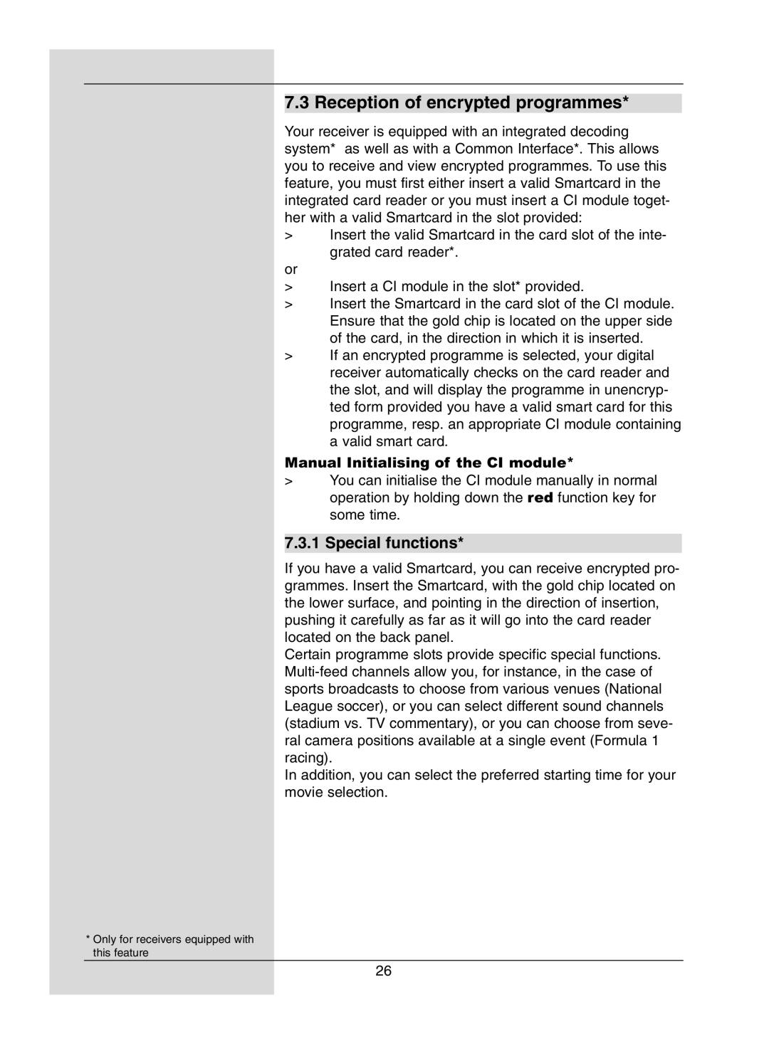 Dolby Laboratories Digital-Satellite-Receiver manual Reception of encrypted programmes, Special functions 