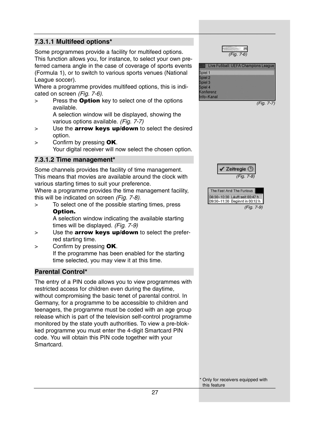 Dolby Laboratories Digital-Satellite-Receiver manual Multifeed options, Time management, Parental Control 