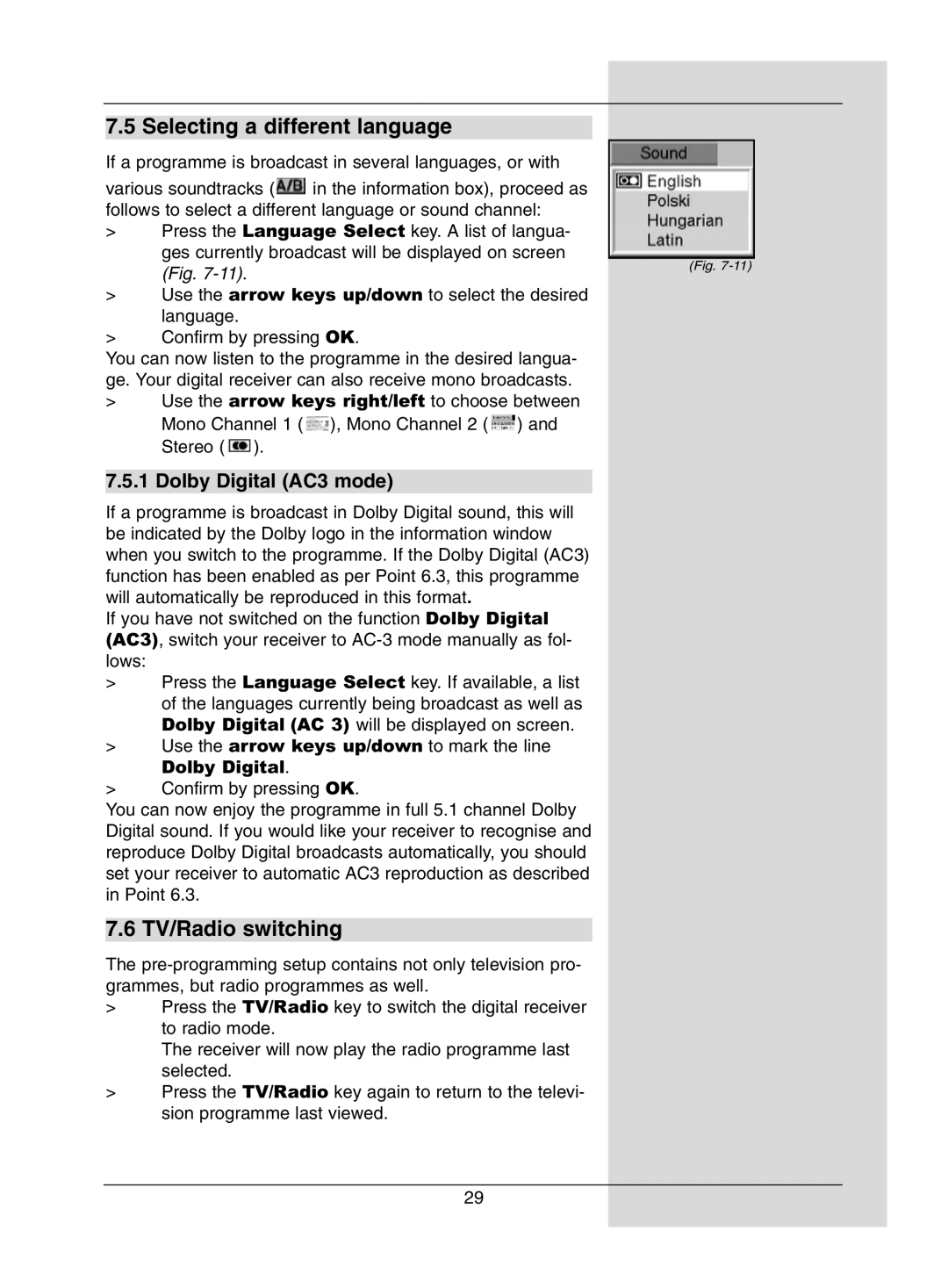 Dolby Laboratories Digital-Satellite-Receiver Selecting a different language, TV/Radio switching, Dolby Digital AC3 mode 