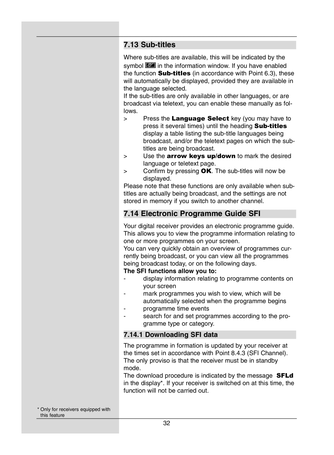 Dolby Laboratories Digital-Satellite-Receiver manual Sub-titles, Electronic Programme Guide SFI, Downloading SFI data 