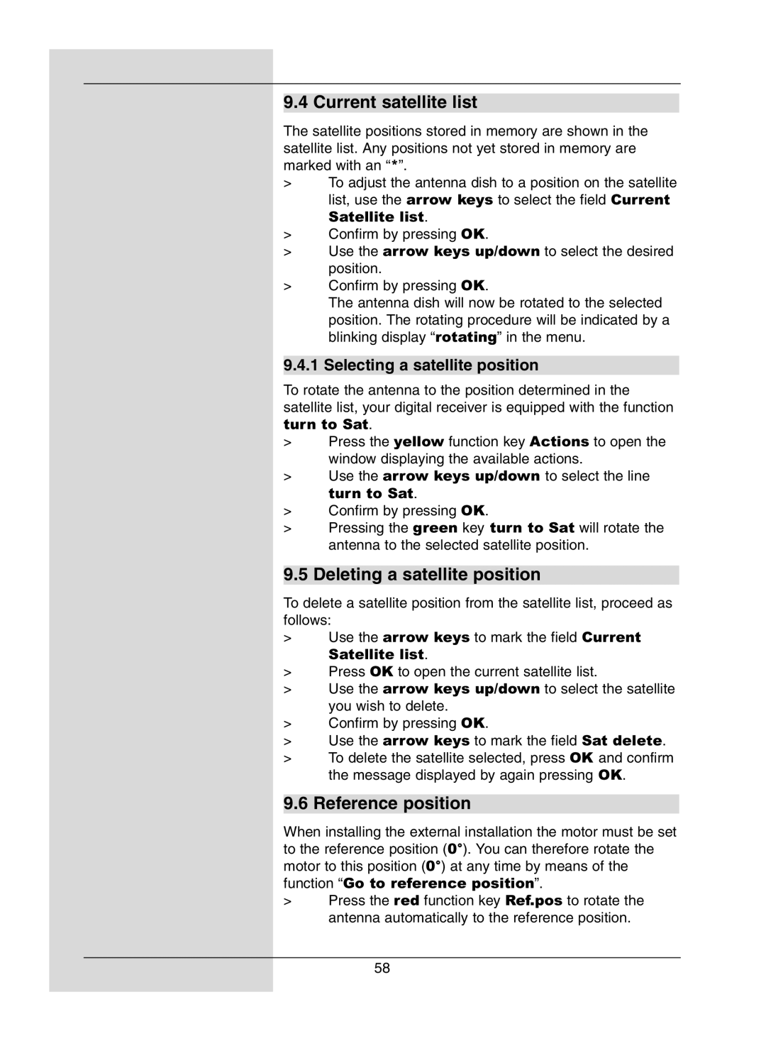 Dolby Laboratories Digital-Satellite-Receiver Current satellite list, Deleting a satellite position, Reference position 