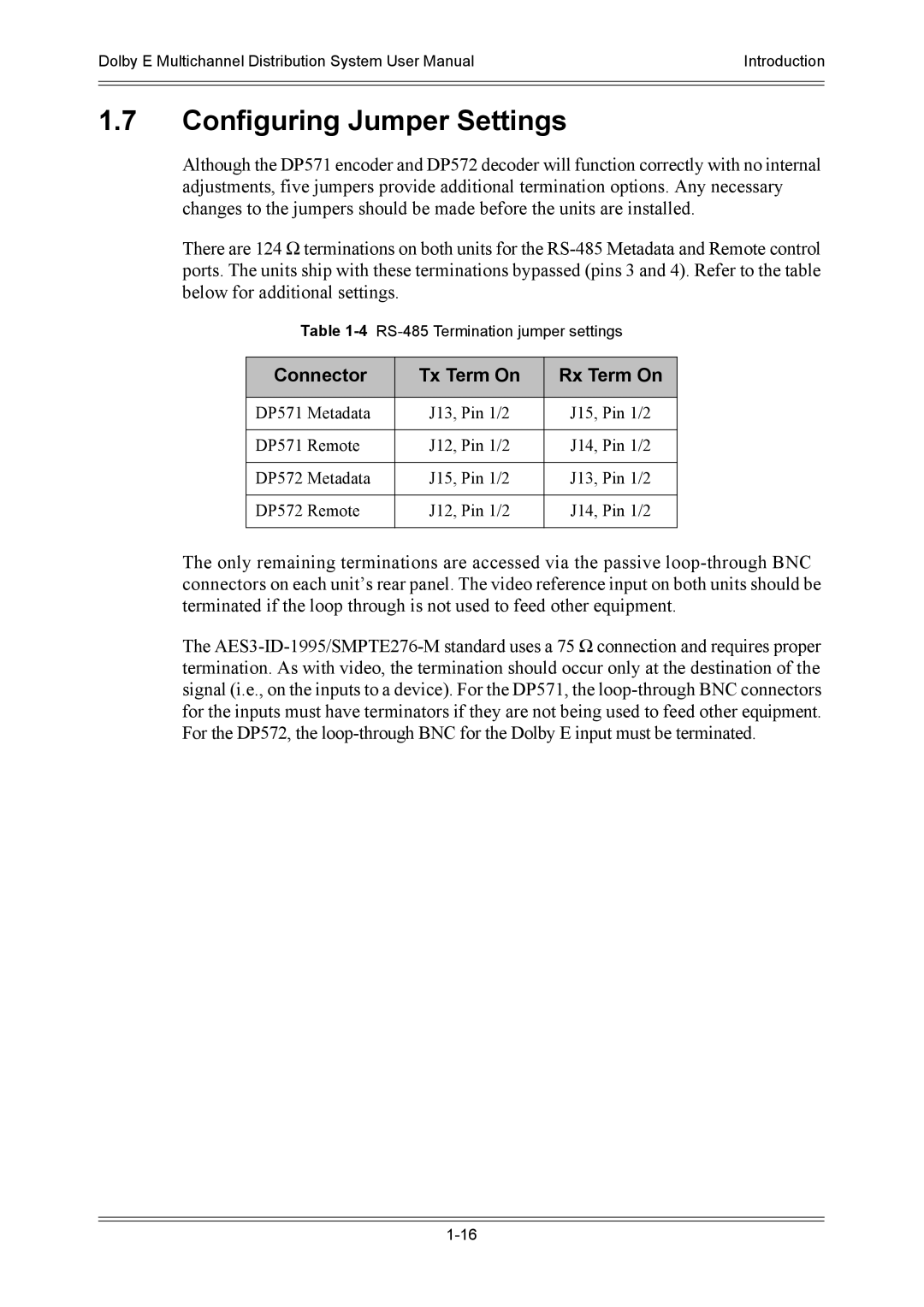 Dolby Laboratories DP571, DP572 user manual Configuring Jumper Settings, Connector Tx Term On Rx Term On 