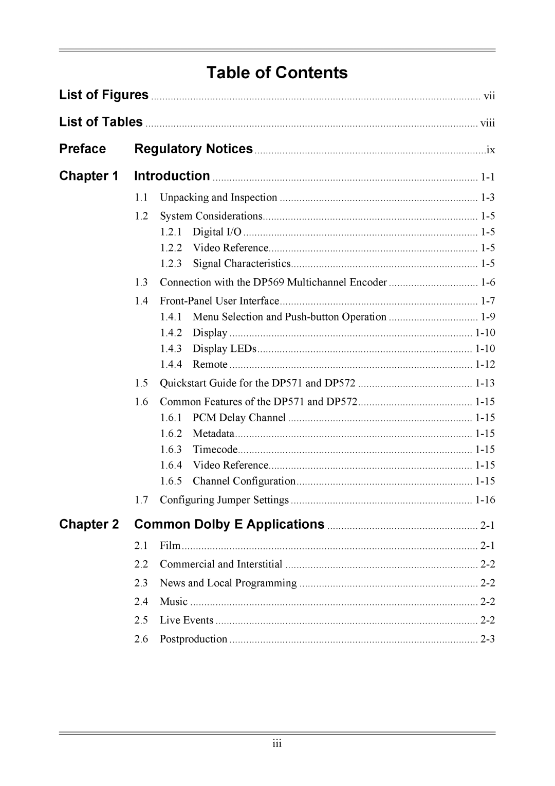 Dolby Laboratories DP572, DP571 user manual Table of Contents 