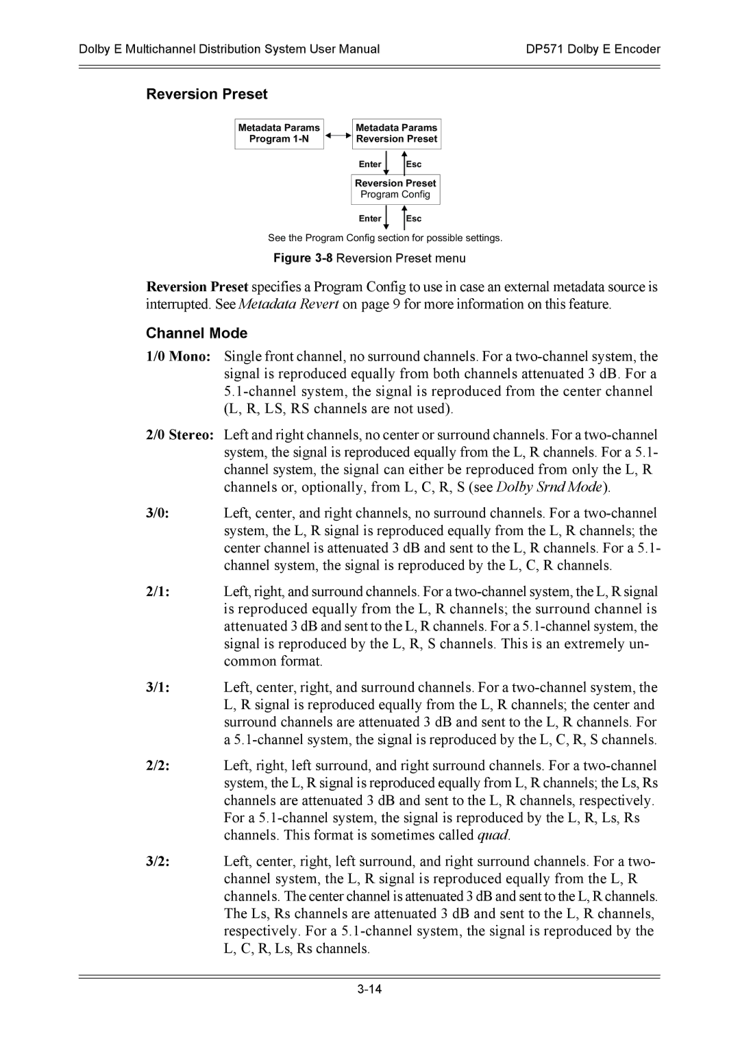 Dolby Laboratories DP571, DP572 user manual Reversion Preset, Channel Mode 