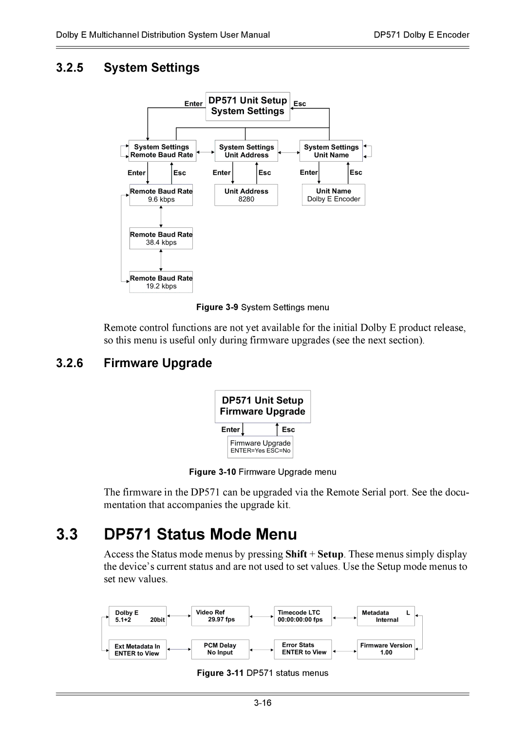 Dolby Laboratories DP572 user manual DP571 Status Mode Menu, System Settings, Firmware Upgrade 