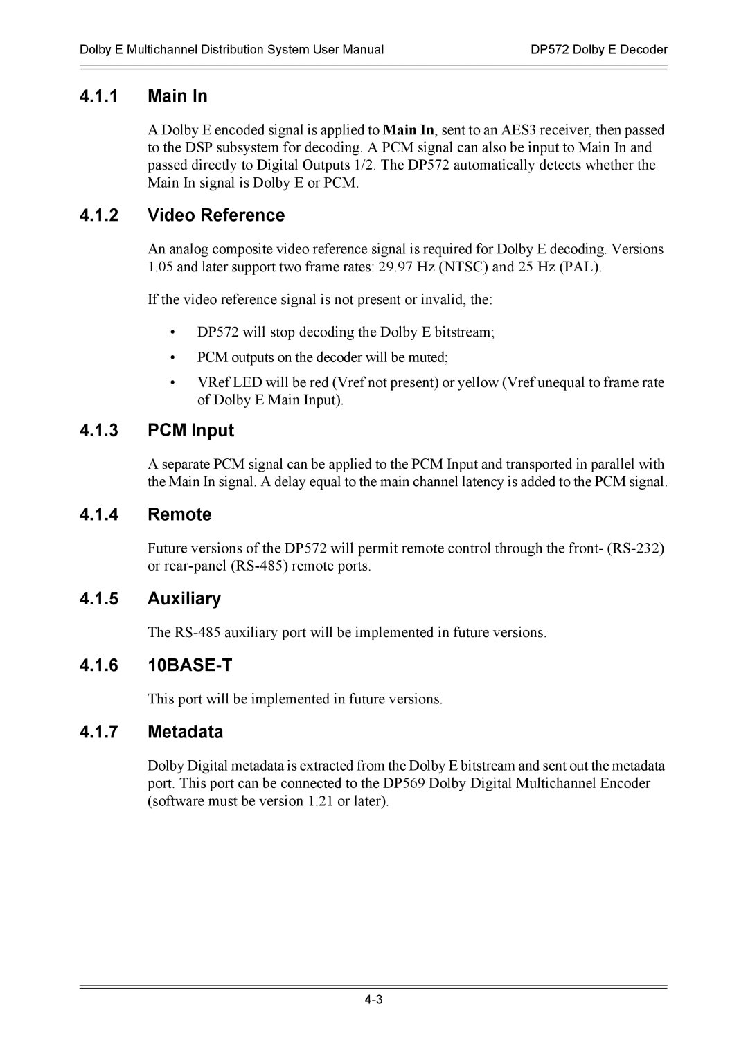 Dolby Laboratories DP572, DP571 user manual Main, PCM Input, 6 10BASE-T 