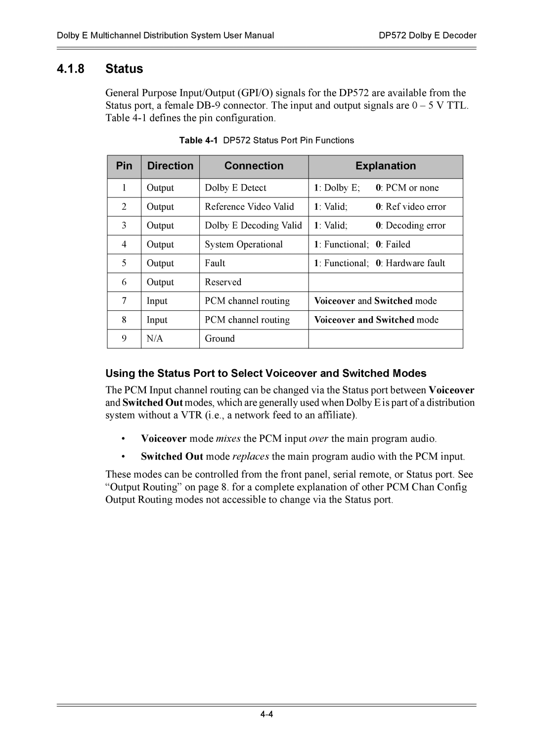 Dolby Laboratories DP571, DP572 user manual Pin Direction Connection Explanation 