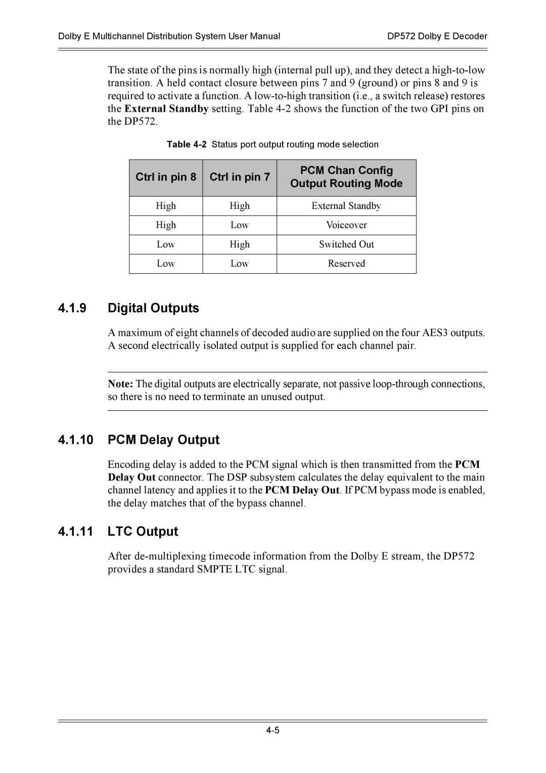 Dolby Laboratories DP572 Digital Outputs, PCM Delay Output, LTC Output, Ctrl in pin PCM Chan Config Output Routing Mode 