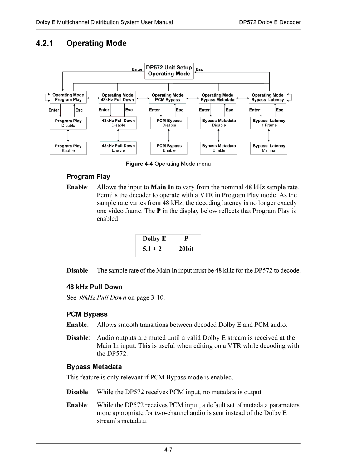 Dolby Laboratories DP572, DP571 user manual Program Play, KHz Pull Down, PCM Bypass, Bypass Metadata 