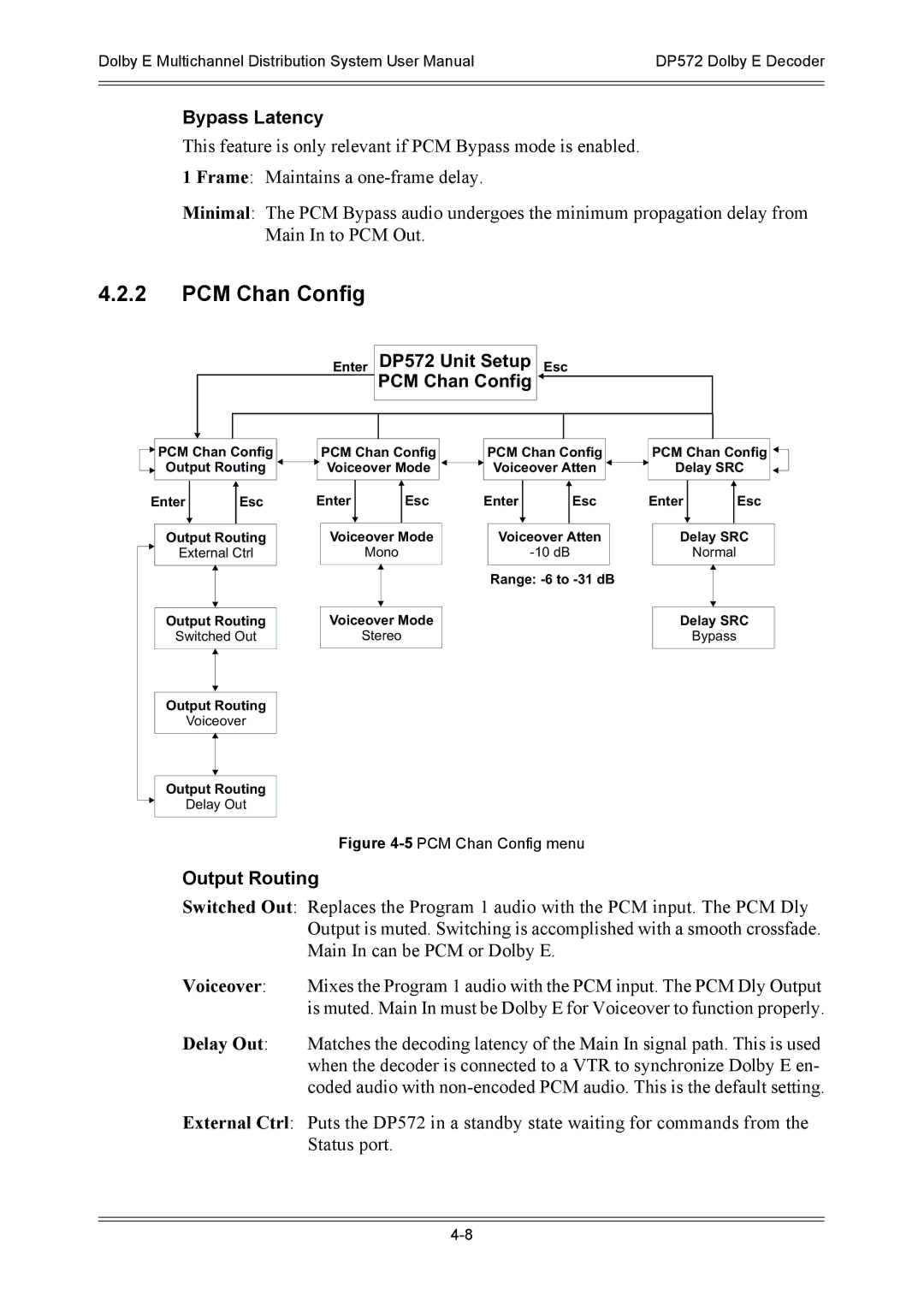 Dolby Laboratories DP571, DP572 user manual PCM Chan Config, Bypass Latency, Output Routing 