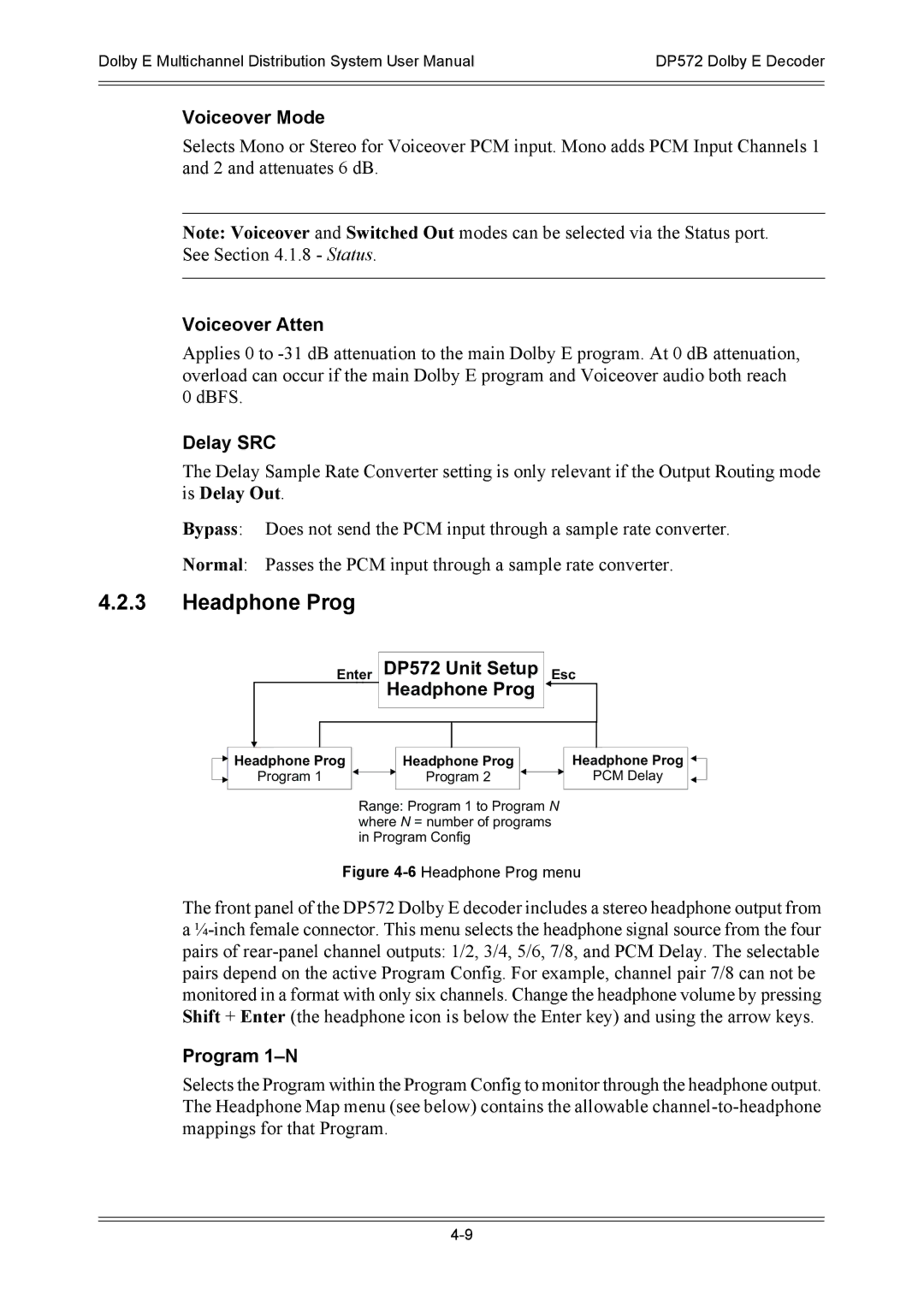 Dolby Laboratories DP572, DP571 user manual Headphone Prog, Voiceover Mode, Voiceover Atten, Delay SRC, Program 1-N 