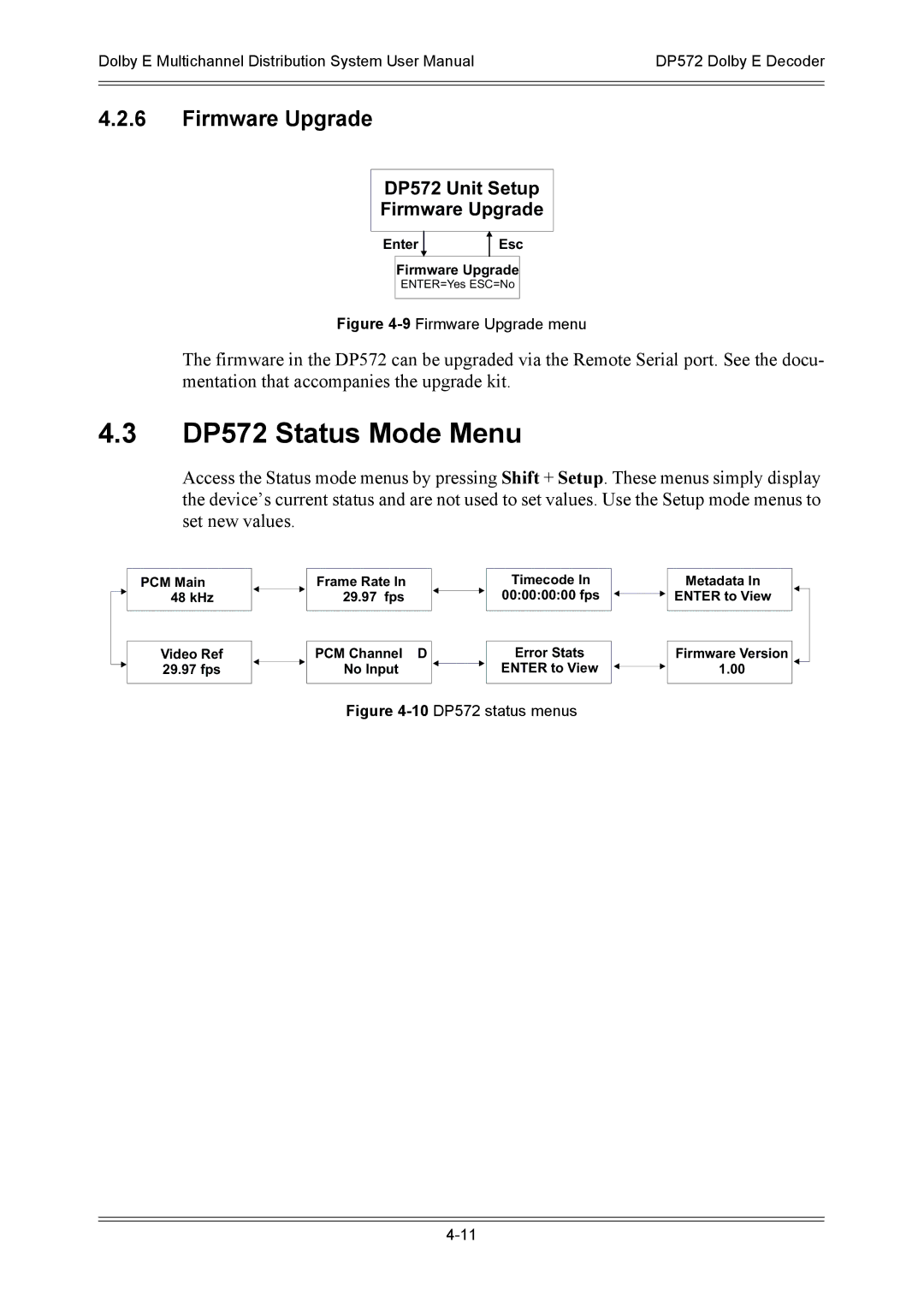 Dolby Laboratories DP571 user manual DP572 Status Mode Menu, DP572 Unit Setup Firmware Upgrade 